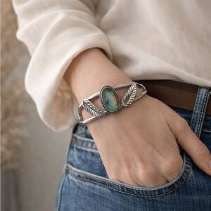 Vintage Mexican abalone shell cuff bracelet made Alpaca silver. Stamped Mexico
